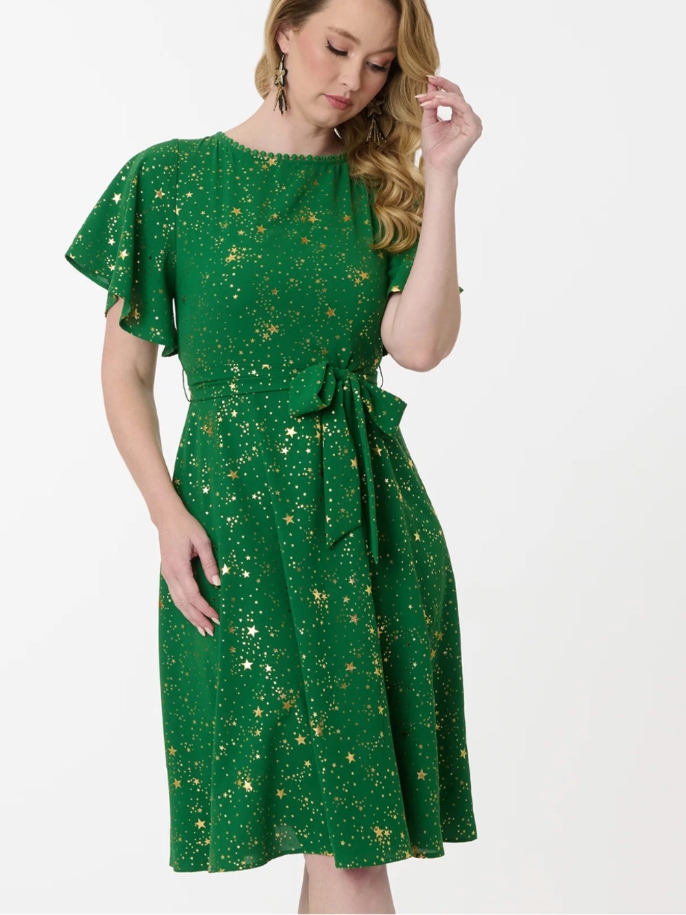 NWT Unique Vintage Green and Gold Star Swing Dress